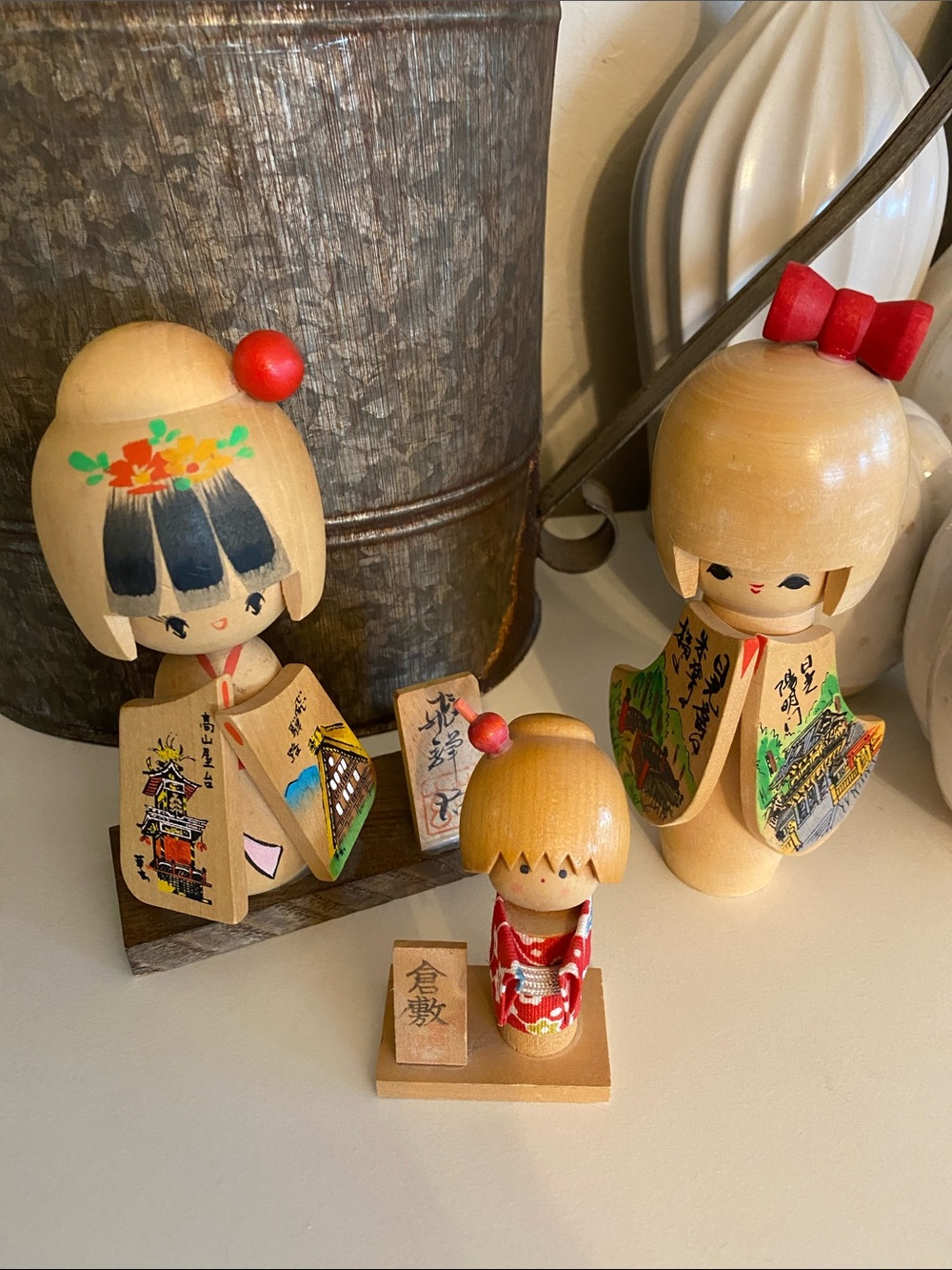 Hand-Painted Vintage Japanese Kokeshi Dolls - Natural Wood & Red Accents